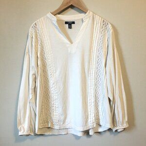 Chaps Flowy Embroidered Cotton Pintuck Peasant Sleeve Tunic Blouse